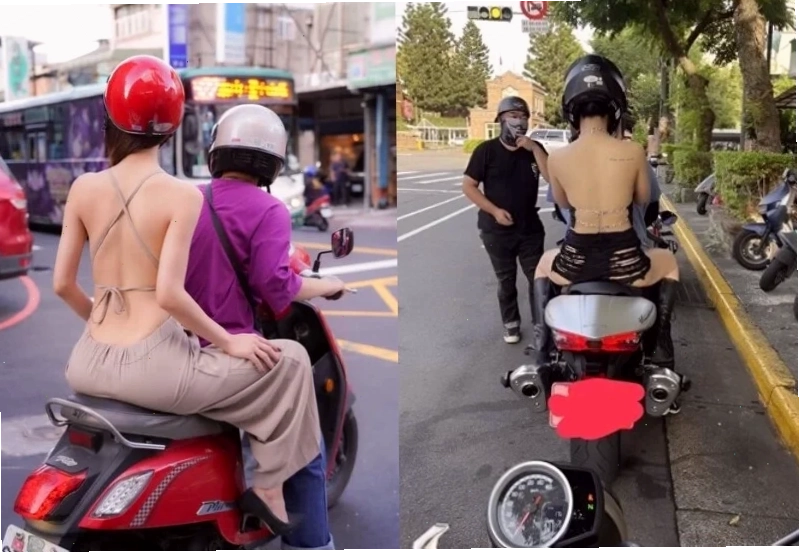 cô gái không mặc quần áo đi xe máy trên đường