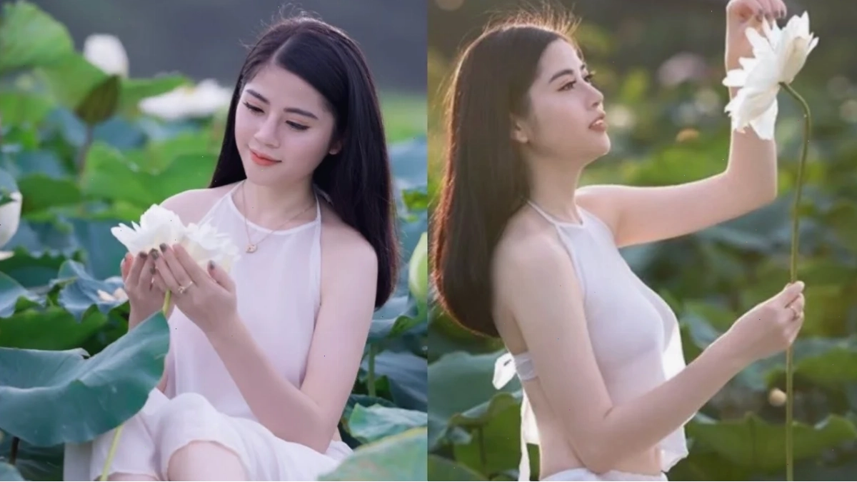 Cô gái mặc yếm đào bên hoa