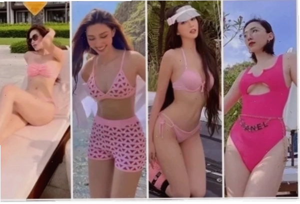 Cô gái với đồ bơi gái xinh mặc bikini màu hồng