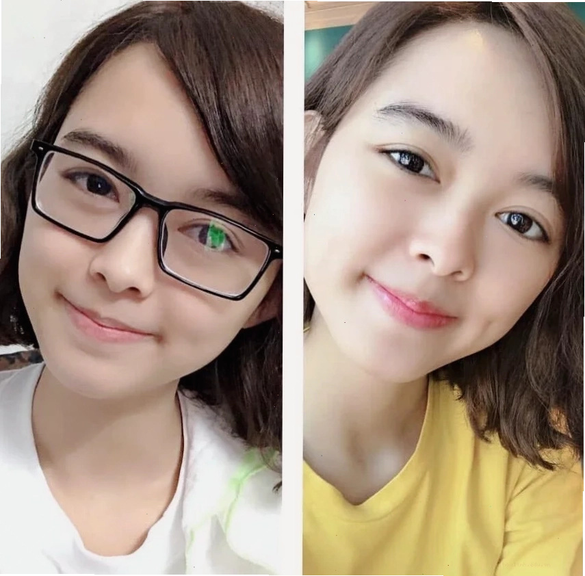 con gái đeo kính vuông chụp ảnh ngoài trời