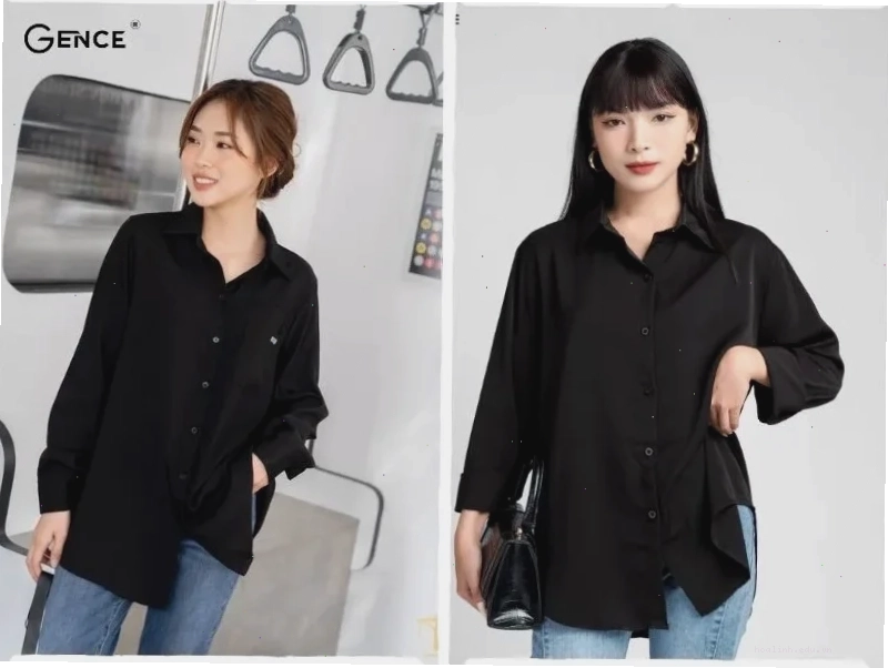con gái mặc áo sơ mi đen chụp ảnh