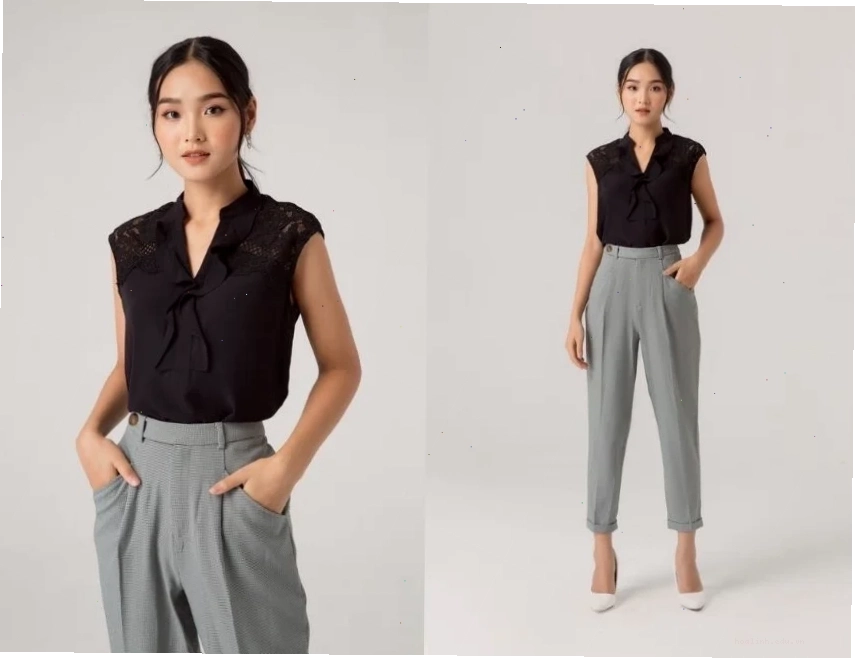 con gái mặc áo sơ mi đen lịch thiệp