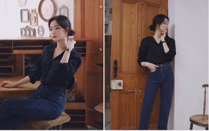 con gái mặc áo sơ mi đen tối giản