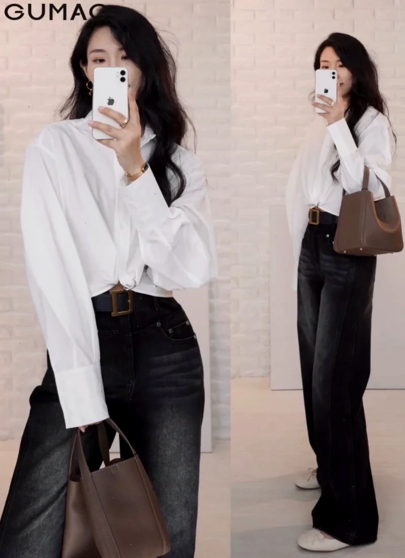 con gái mặc áo sơ mi nam denim