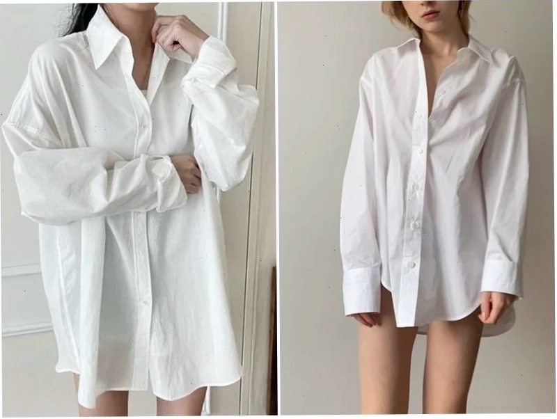con gái mặc áo sơ mi trắng của nam cùng quần ống rộng