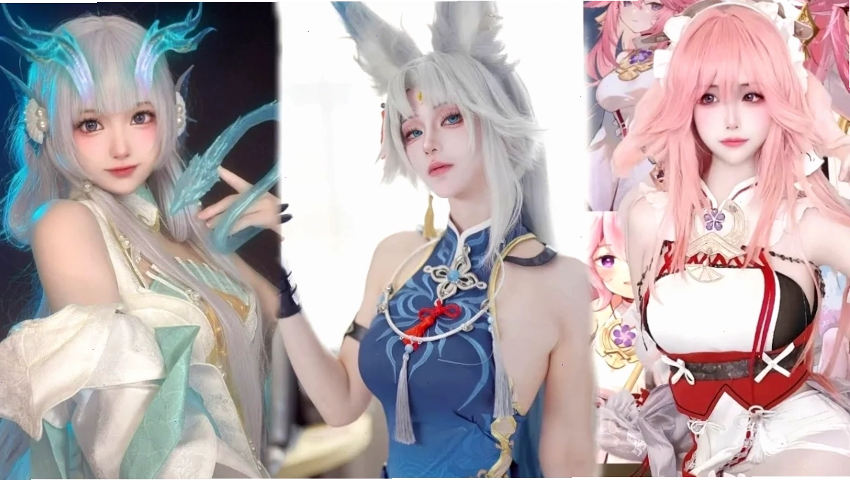 cosplay gái anime bộ váy hầu gái trắng đen ôm dáng tóc xanh xám sắc sảo