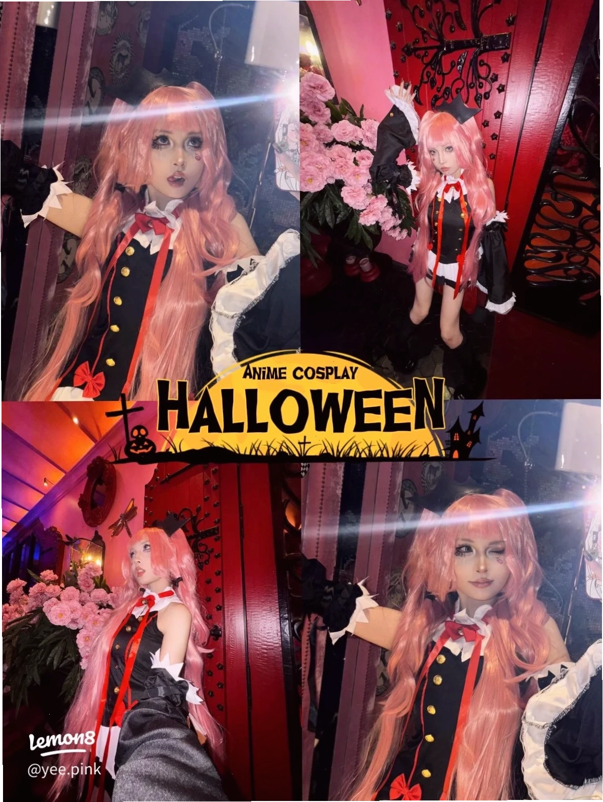 cosplay gái anime tai cáo tóc vàng hồng vibe Nhật Bản nháy mắt duyên dáng