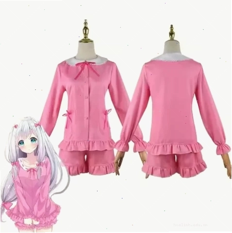 cosplay gái anime tóc bạch kim phụ kiện xanh trang phục fantasy trắng lam sang nhẹ