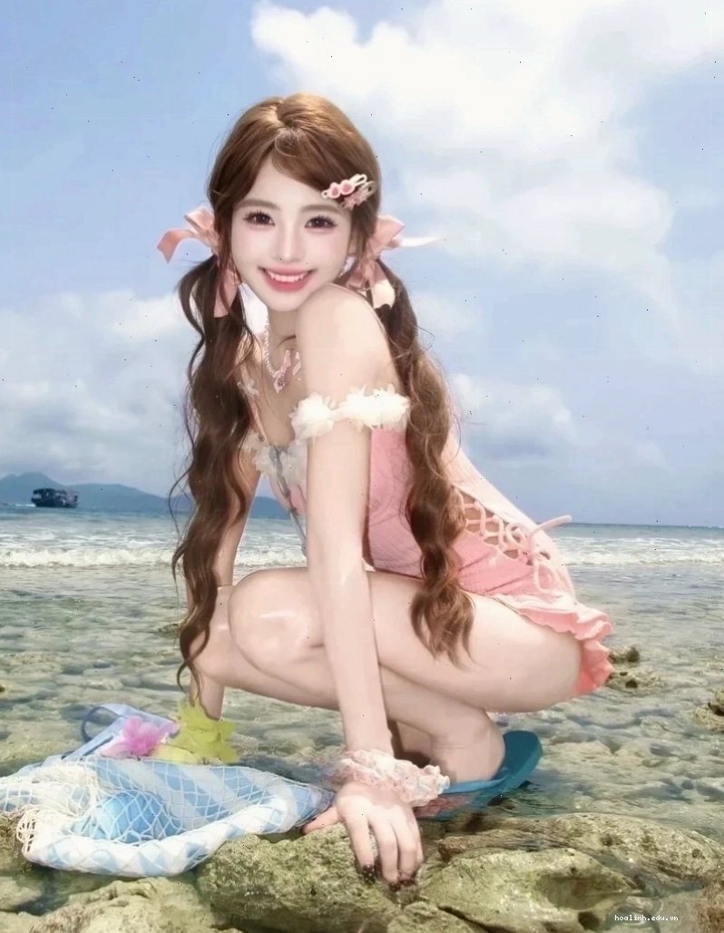 Đồ bơi gái xinh mặc bikini màu hồng dưới nắng