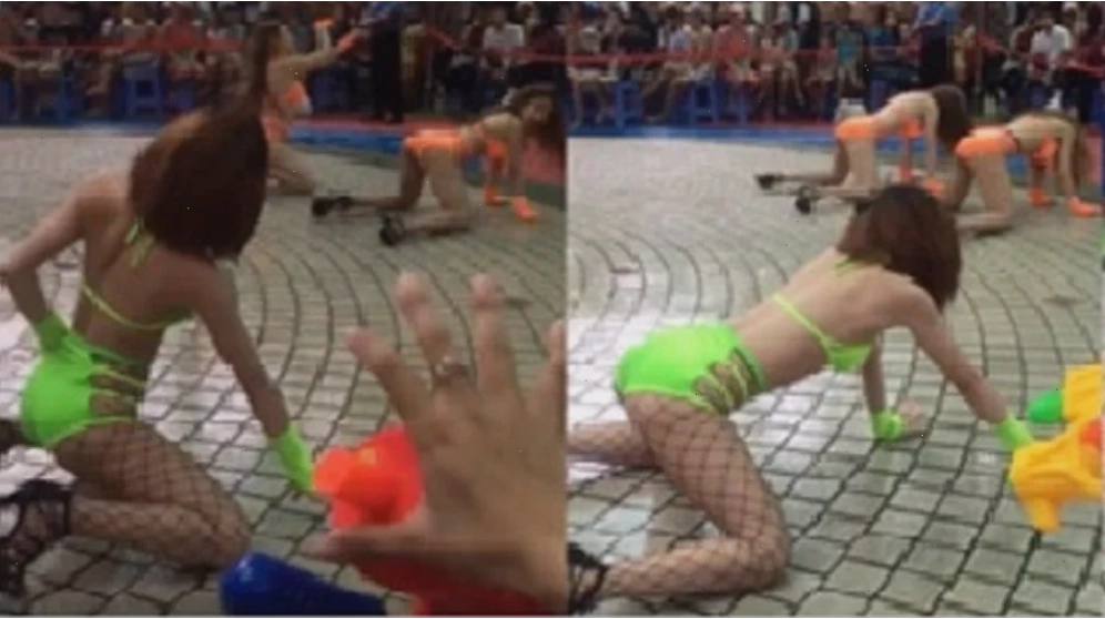 gái xinh mặc bikini nhảy trước đám đông