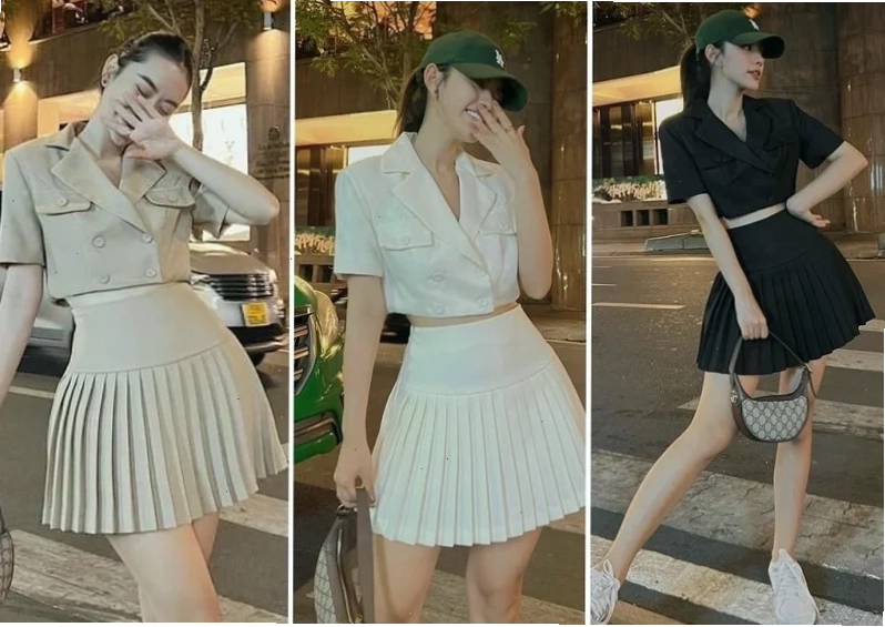 gái xinh mặc váy xếp ly họa tiết