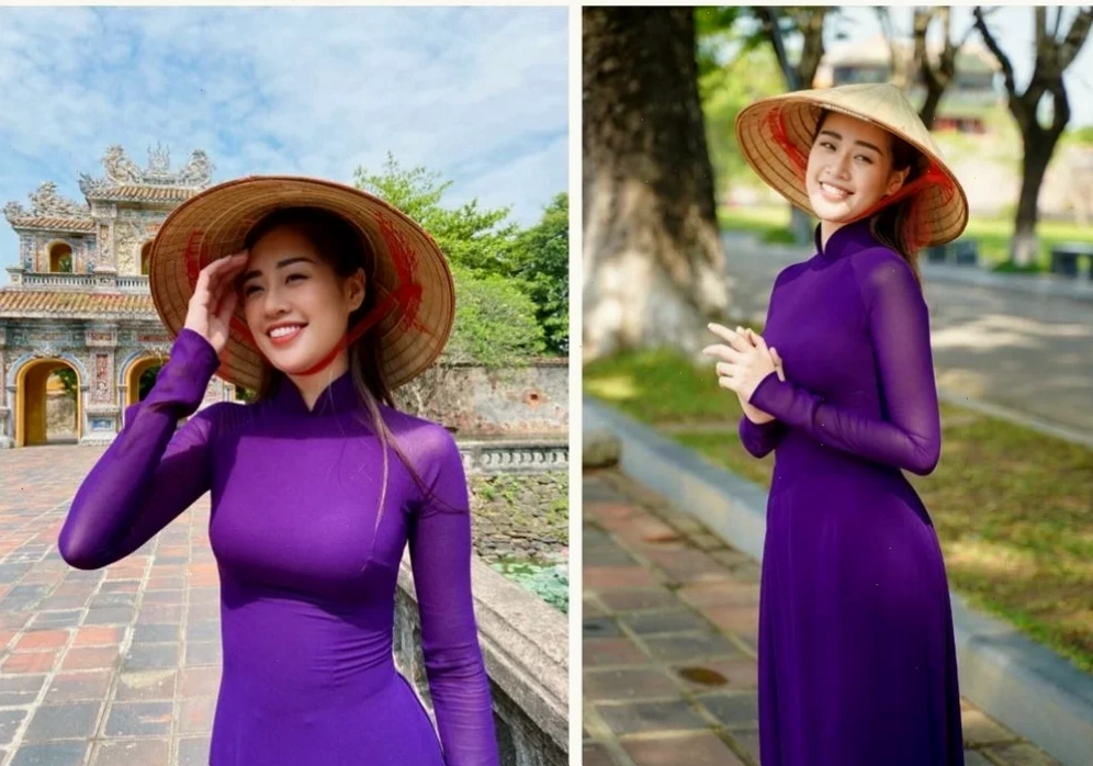 hình ảnh cô gái huế mặc áo dài tím đang đi bộ