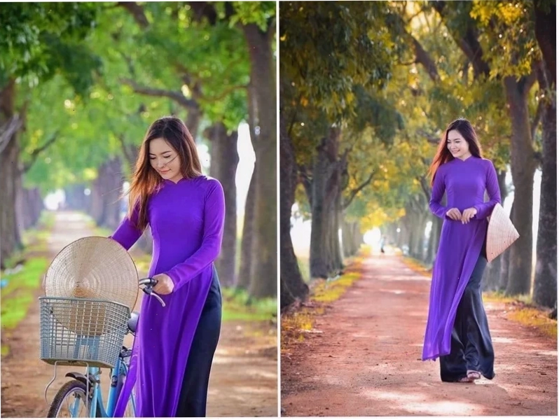 Hình ảnh cô gái huế mặc áo dài tím tản bộ dưới mưa