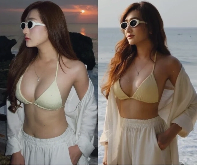 Mũ cói rộng đi cùng bikini xanh nhạt trong ảnh gái mặc bikini nóng bỏng