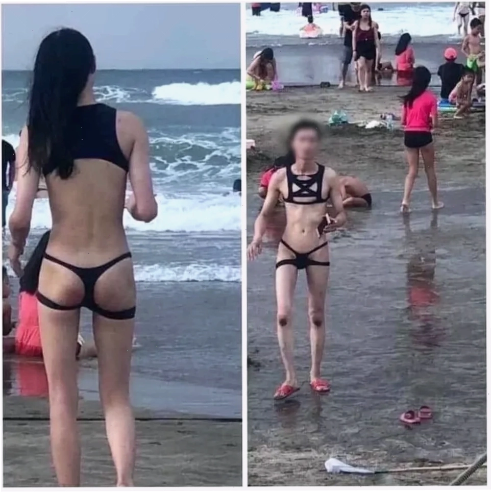 Bikini hai màu Người mặc bikini hai màu bên vách đá