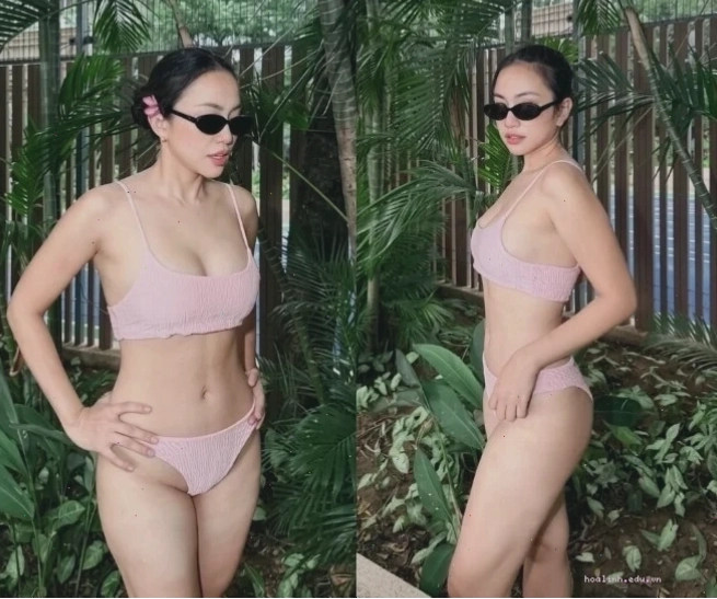 Bikini trắng chòi gỗ Người mặc bikini trắng ngồi dưới chòi gỗ